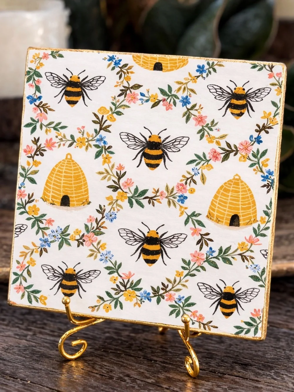 Hand crafted honey bee ceramic coaster 4”